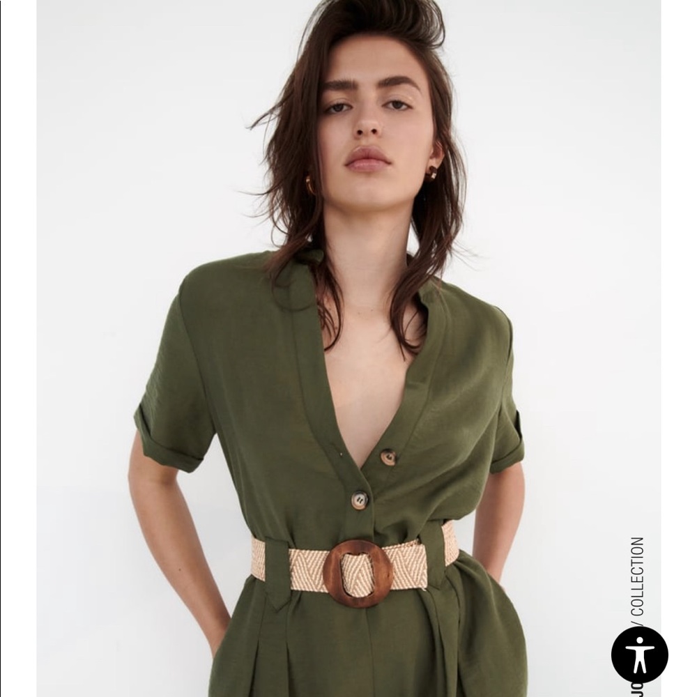 NWT Zara Long Belted Jumpsuit in dark khaki green